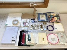 Large Cross Stitch  Embroidery Lot - Stand, Kits, Floss Hoops Aida Fabric Tools