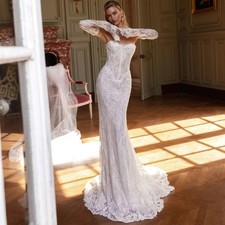 Detachable Sleeve Beaded Wedding Dress Strapless Backless Mermaid Bride Gown
