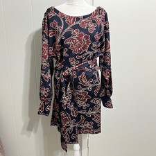 Zara Womens Floral Jacquard Knit Dress Size L Navy Burgundy Belted Long Sleeve
