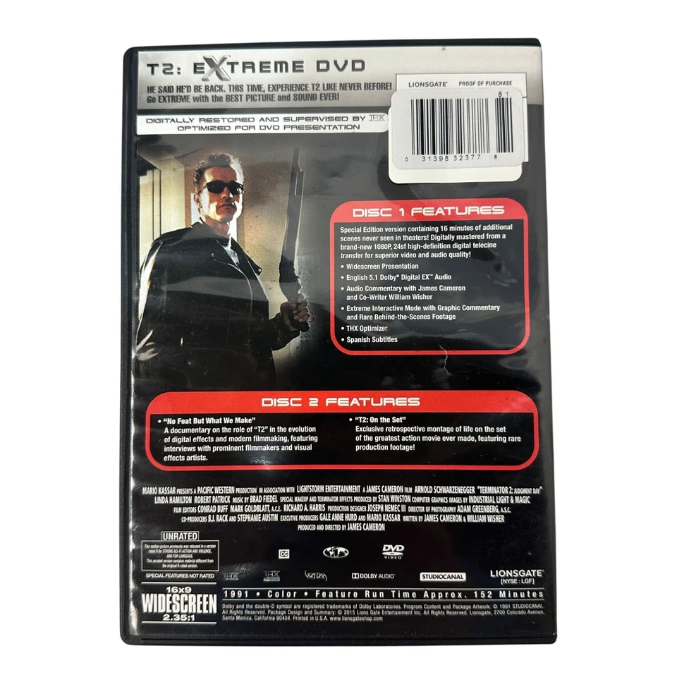 Terminator 2 Judgment Day DVD Schwarzenegger Unrated Extreme Edition Lionsgate - Image 2 of 4