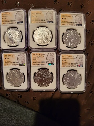 2021 $1 Morgan and Peace Silver Dollar 6pc Set NGC MS69/70 - 100th Anniversary