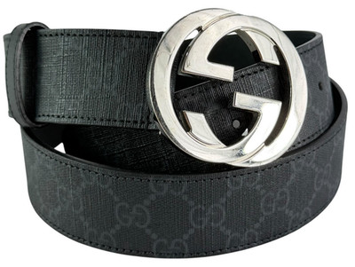GUCCI グレー ブラック ベルト GUCCI Gray Canvas Black Leather Supreme GG Interlocking Buckle