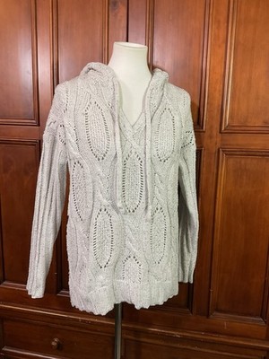 Cupio Women s  Light Gray Cream Hoodie Open Knit Sweater Size Medium Euc As Seen