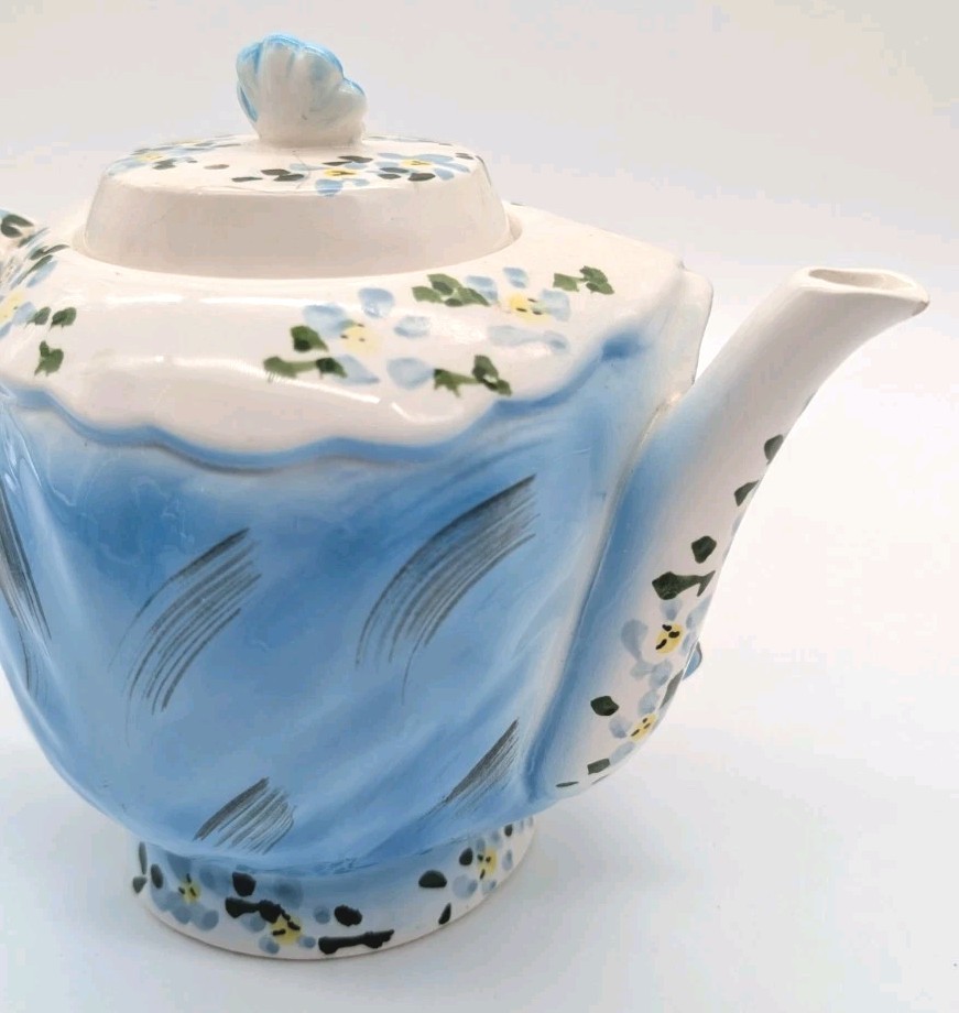 Vintage Lefton Miss Priss Teapot 4 Cup Ceramic Blue Kitty Cat