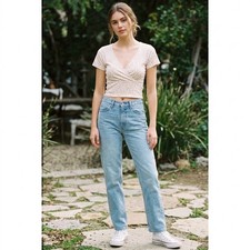 Brandy Melville Floral Amara Top - Pink & Cream Faux Wrap V-Neck Crop Tee