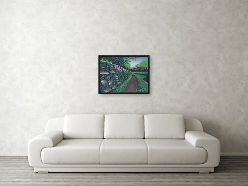 Acrylic Painting - ROCKY WALL w/BRIDGE - 18x24 Landscape - Delaware Canal - Picture 2 of 2