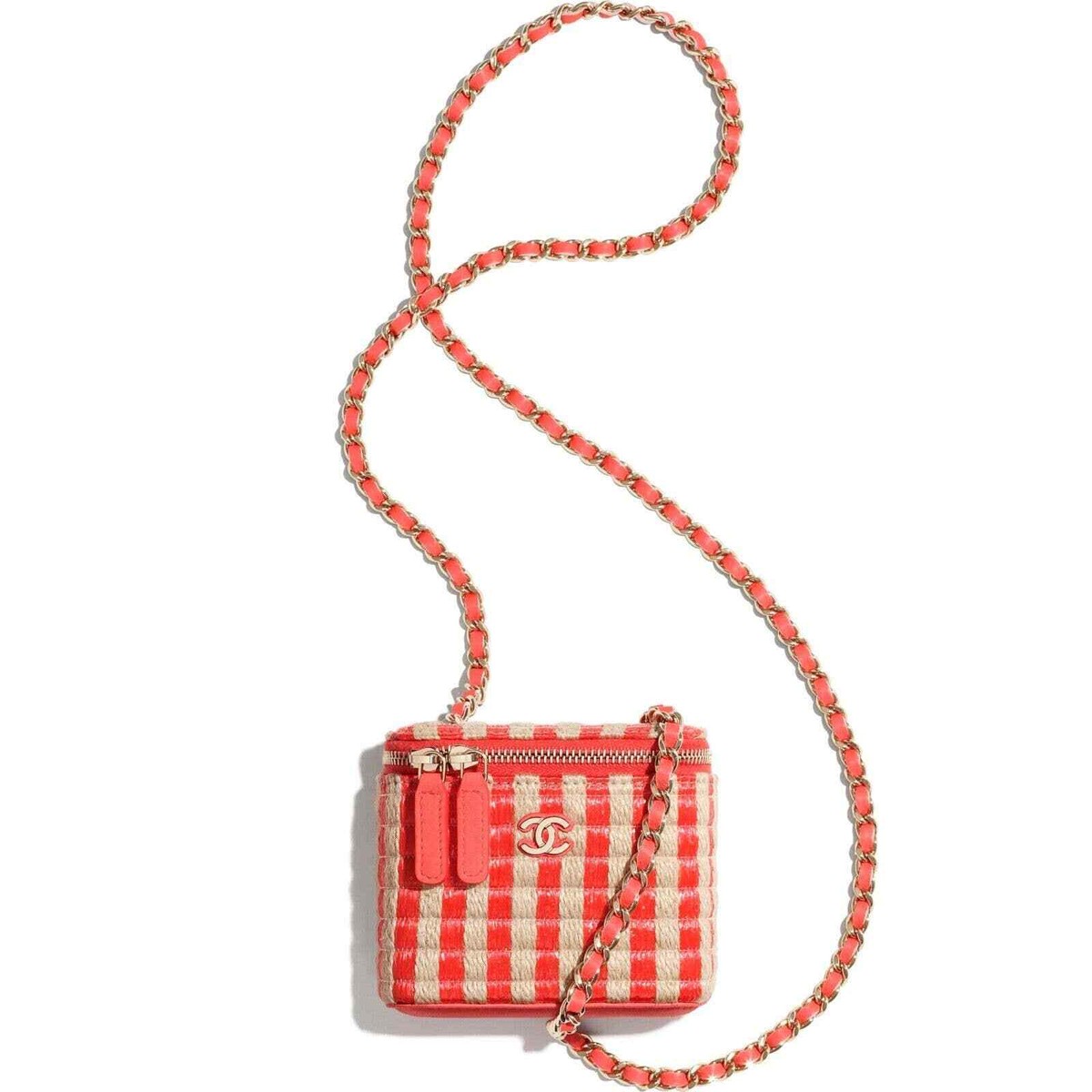 Chanel 21P Red Beige Raffia CC Mini Vanity With Chain Shoulder