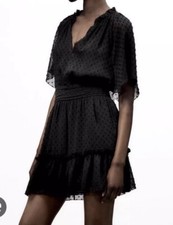 NWT Zara Sz M Medium Flowy Textured Swiss Dot Dress Black 7584/825 New