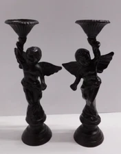 Sungmor Cast Iron Cupid Candle Holder Dark Brown Candlestick Pillar Angel Statue