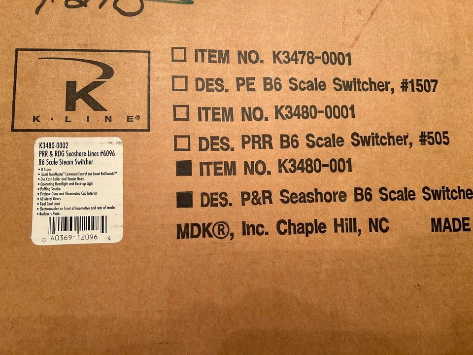 K-LINE P&R SEASHORE B6 STEAM ENGINE w/ TENDER. New in box. Item No. K3480-001 - Image 4 of 4