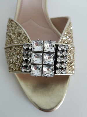 MIU MIU GOLD GLITTER SWAROVSKI CRYSTALS WEDDING MULES SLIDES EU 39