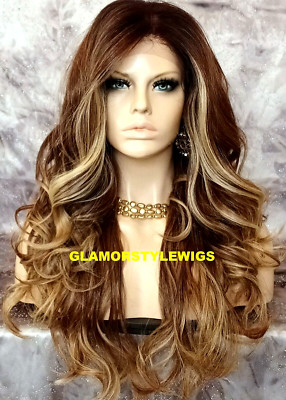 FREE PART LACE FRONT FULL WIG LONG WAVY LAYERED OMBRE BROWN GOLDEN BLONDE MIX NW