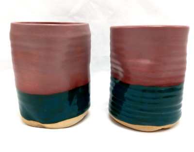 2 Art Pottery Handleless Mugs Indents For Comfortable Secure In Hand Feel, Heavy