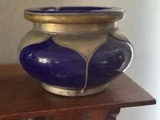 Vintage 2 Piece  Smokeless Moroccan Ashtray Cobalt Blue & Brass Trim 8” X 5”