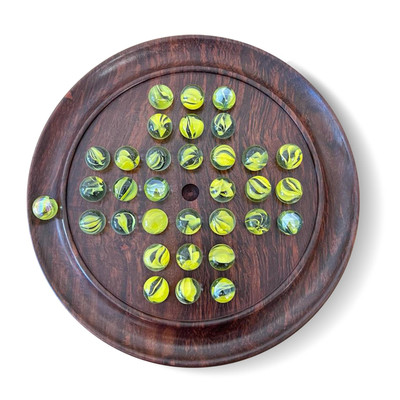 22 cm Durchmesser HOLZ SOLITÄR BRETTSPIEL mit BRILLANTGELBEN GLASMURMELN