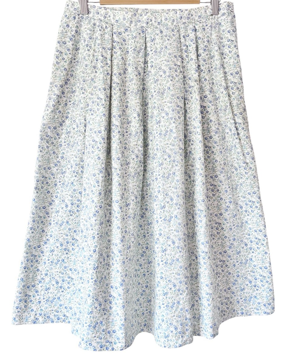 VINTAGE Floral Cotton Midi Skirt Size 12 14 Pleated Pockets