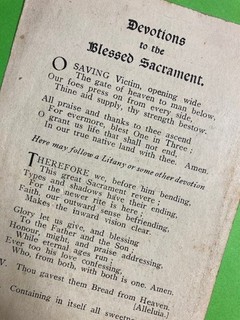 ANGLO CATHOLIC "DEVOTIONS TO THE BLESSED SACRAMENT" CARD FOR CONGREGATION 3"x5"