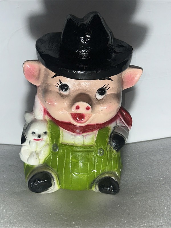 Vintage Ceramic Farmer Pig W/Bunny Piggy Bank Figurine 12” Tall Chalkware Mexico
