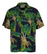 Vtg. Paradise Found Hawaiian Mens Size Large Aloha Shirt Blue Green Palm Trees