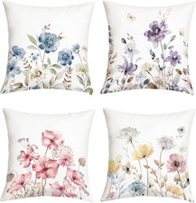 Spring Summer Watercolor Blue Floral Throw Pillow Covers 18x18 Inch Set of 4 Pur