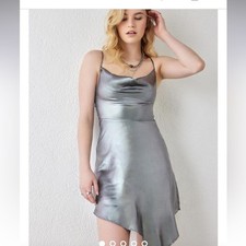 Urban Outfitters Silver Metallic Cowl Neck Asymmetrical Mini Dress Womens Large