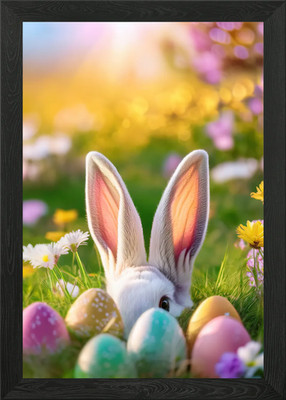 Osterhase schaut hinter Eier gerahmtes Wandbild Poster Leinwanddruck Bild