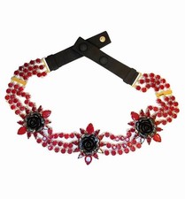 RARE PRADA Spring 2012 Red Crystals Black Enamel Roses Flower Waist Belt