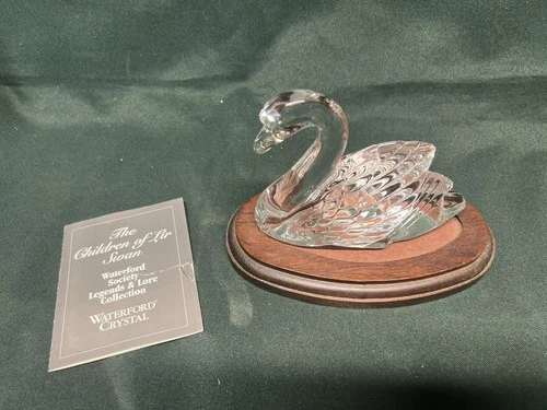 Vtg Waterford Society Crystal Legends & Lore Swan Figurine Wood Base Mint in Box