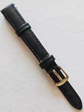12mm - Classic Style Black Leather Watch Band - Gold Buckle / Pins