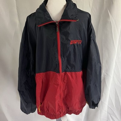 ESPN Y2K Traveler Rain Jacket Full Zip Back Vent Hidden Hood Red Navy Yellow  XL
