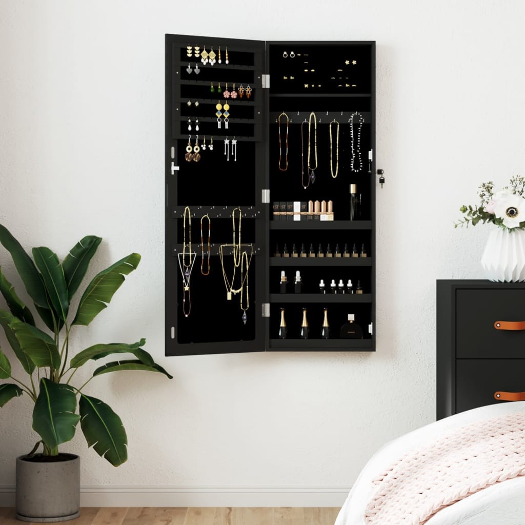 Armadio Portagioie Nero con Specchio a Muro - 37,5x10x106 cm - Top Design