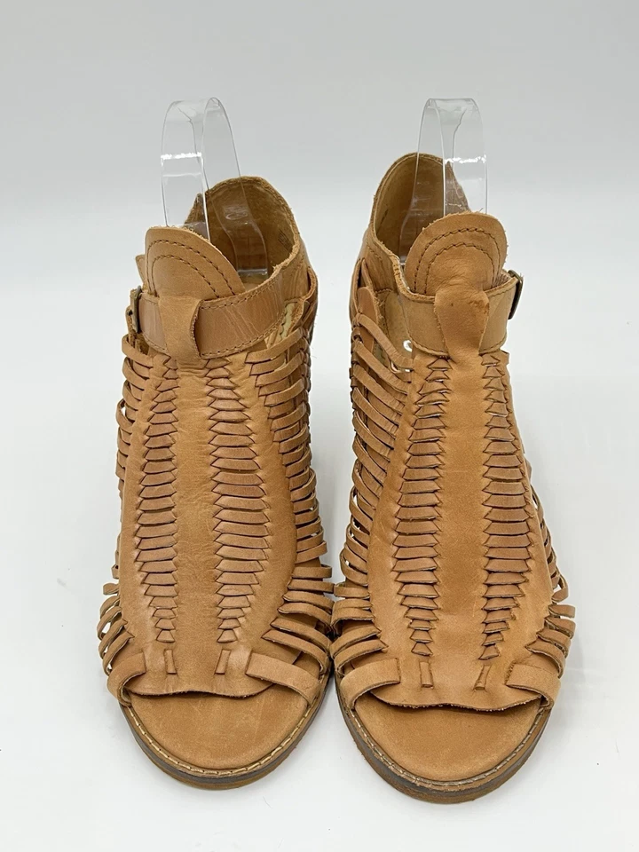 Naughty Monkey Women’s Leather Woven Heeled Sandals Size 9.5 Tan Open Toe Boho - Image 2 of 4