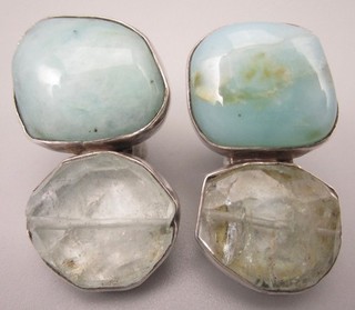 REBECCA COLLINS STERLING SILVER LARIMAR & QUARTZ STATEMENT CLIP ON EARRINGS