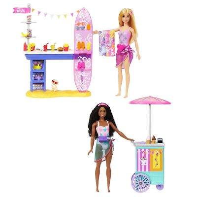 Barbie Beach Boardwalk Playset with 2 Dolls Snacks Kiosk Ice Cream and Access...