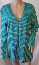 St. John Collection Sz M Open Front Cardigan Sweater Teal Blue & Yellow Striped 