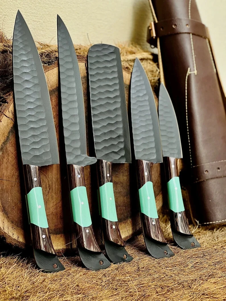 Handmade J2 Steel Set Of 5 Chef knife Set, kitchen knife Set With Leather Sheath