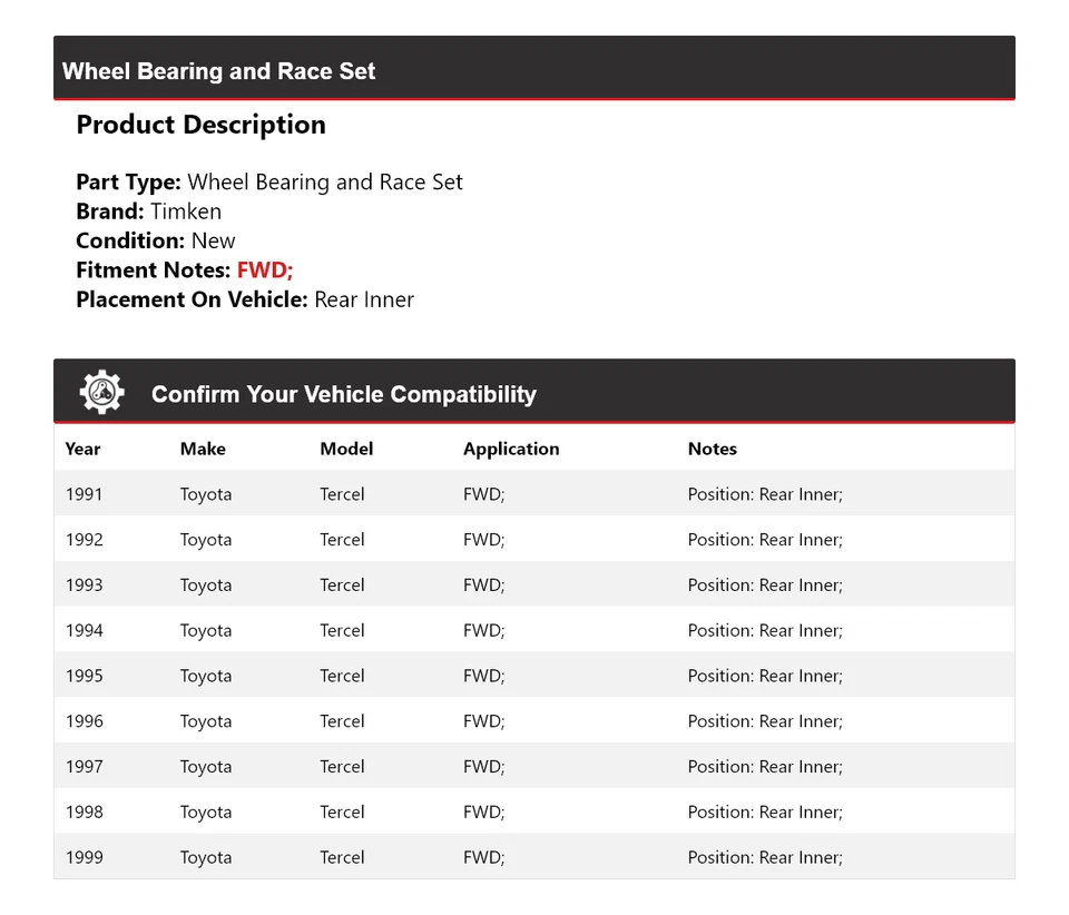 Para 1991-1999 Toyota Tercel FWD Juego de rodamientos y carreras de rueda Trasero Interior Timken Foto 2 de 4