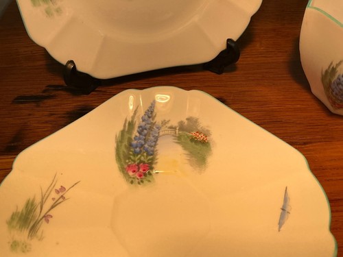 Antique Rare Shelley Trio CSP bridge,water, flowers, butterfly’s Queen Anne shap - Picture 5 of 7