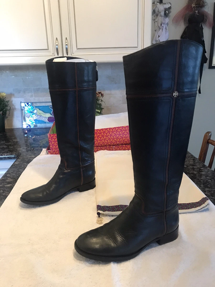 Tory Burch Juliet 30 Mm Black Almond Equestrian Calf Riding Boots 8M