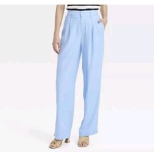 A New Day Pants Womens 12 High-Rise Linen Blend Pleat Front Wide Leg Powder Blue