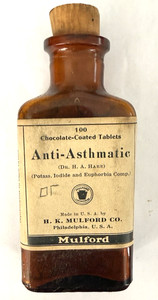 Vintage Anti Asthmatic Medicine Tablets H K Mulford Co.full bottle New Old Stock