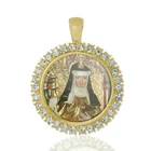 St Hildegard Of Bingen Christian Round Medal Gold Tone Pendant with Rhinestones