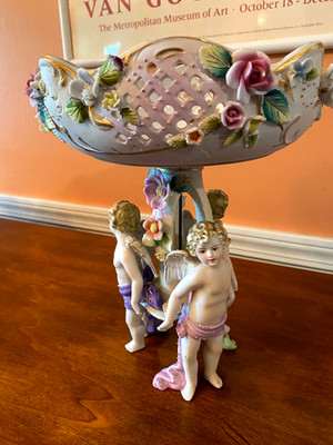 Antique Hand Painted Dresden Style Centerpiece Cherub & Floral Bowl Germany