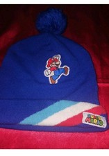 Nintendo Super Mario Bros Embroidered Logo BLUE Knit Cuff Pom Beanie Hat Kids