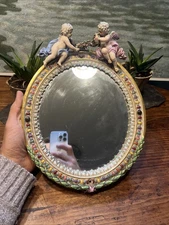 Painted Porcelain Mirror & Angels & Loves Rococo Antique Mirror