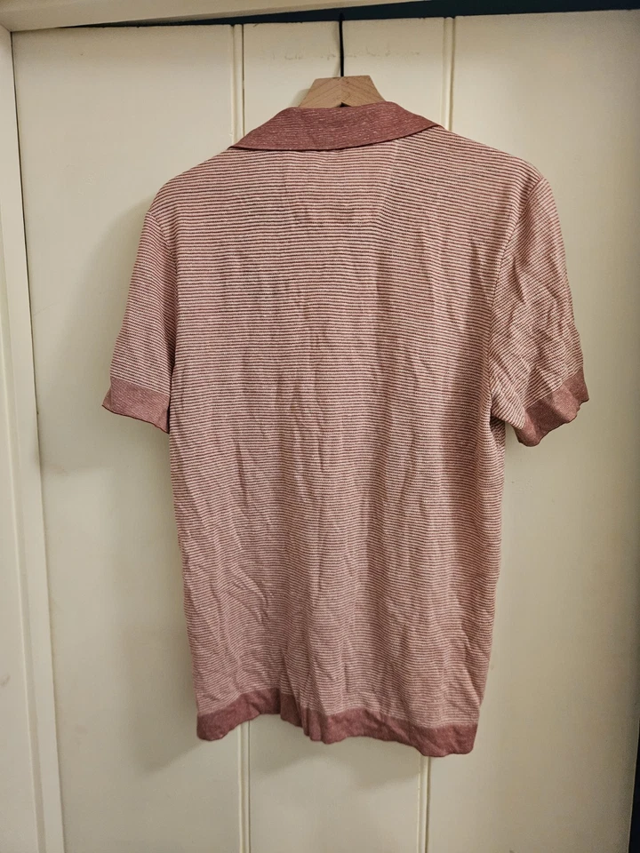 BOSS Red Striped Polo Shirt. Size M. Linen/Silk. Camel Label - Image 2 of 4