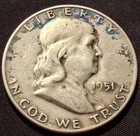 1951 USA Half Dollar 50 Cents - .900 SILVER - Franklin