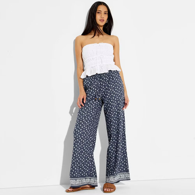 #ad Women Low Rise Baggy Leg Linen Pull On Pants Wild Fable Navy Blue $11.99