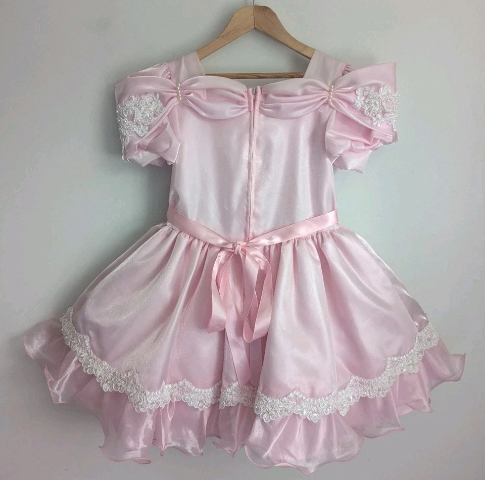 Vintage Girls Pink Satin Pageant Party Dress Pearl Lace Ruffle Tulle Full Circle - Image 3 of 4