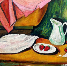 QUADRO OLIO INCORNICIATO ORIGINALE DALL'ARTISTA NUOVO 30cm Fragola Frutta Natura Morta Arte